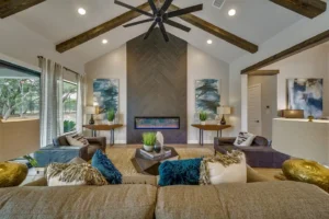 Open living room inside luxury home in Bulverde, Texas